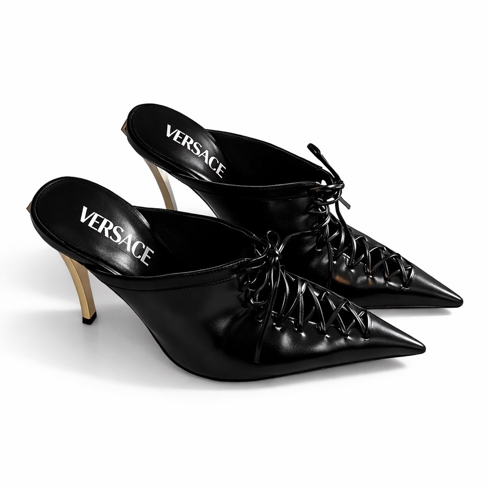 VERSACE 110mm lace-up leather pointed toe mule heels - Picture 1 of 16
